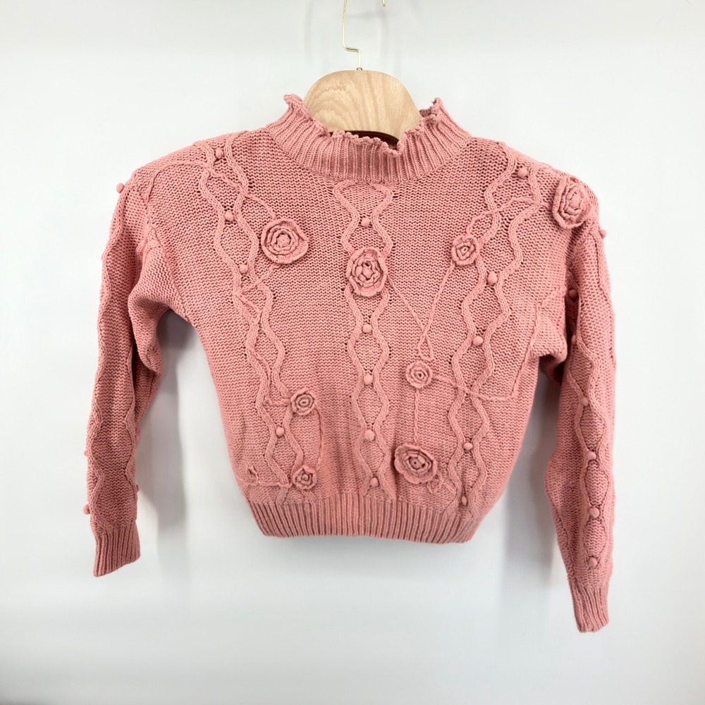 Vintage One Step Up Pink Cable Knit Rosette Bobble Sweater Ramie Cotton Medium